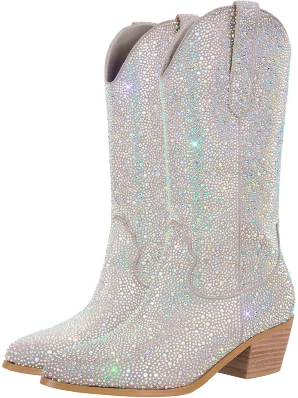 👢Women's Silver Sequins Sparkly Rhinestones Cowgirl Style Boots Calf High Boots